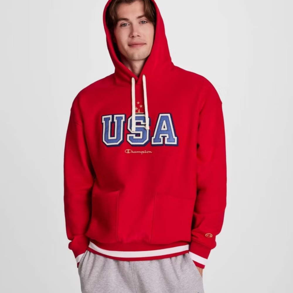 Champion USA Red Hooded Pullover Sweatshirt Sz L